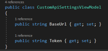 CustomApiSettingsViewModel avec BaseUrl et Token