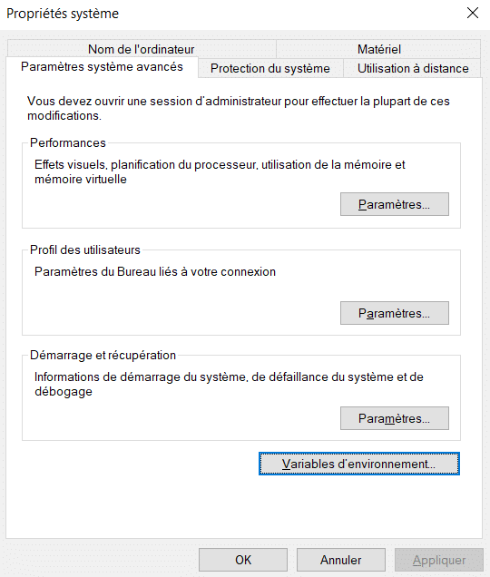Panel modifier les variables d'environnement système