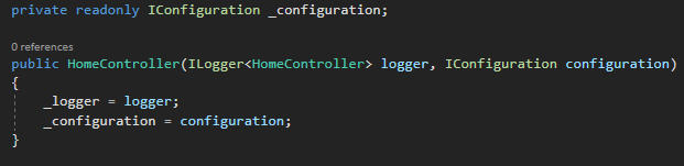 DI IConfiguration HomeController.cs